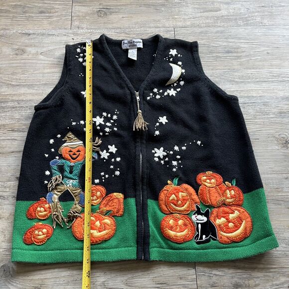 Halloween Sweater Vintage 90s Spooky Kitschy Festive Large Patch Black Orange - Picture 6 of 10